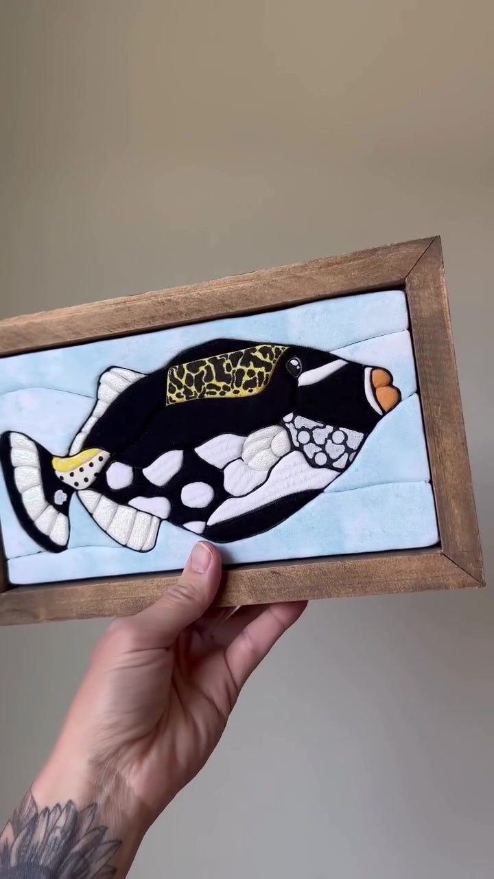 Clown Triggerfish Kinusaiga Kit – No-Sew Ocean Fabric Art — real finished piece