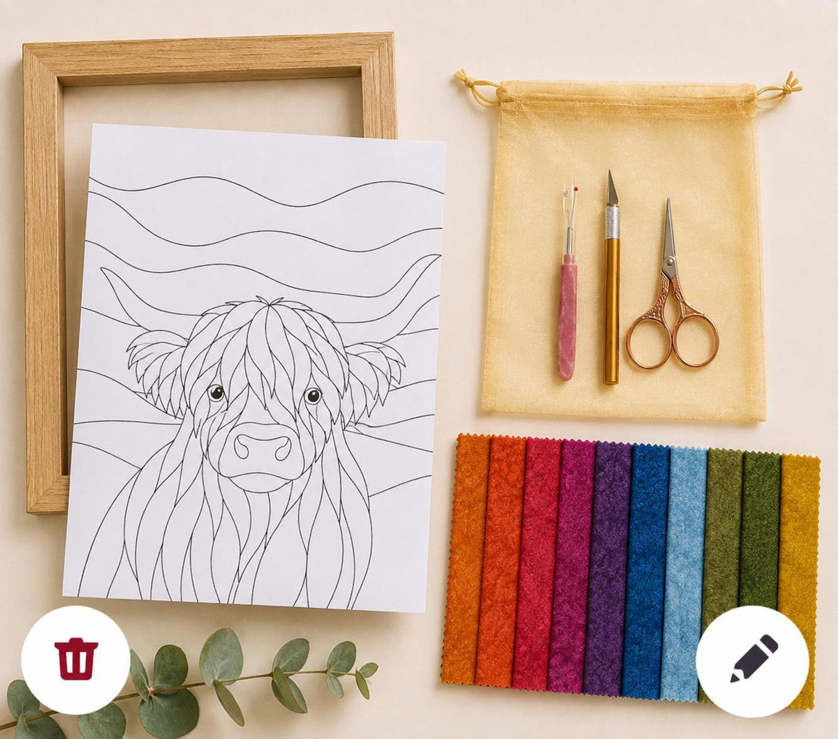 May include: A craft kit featuring a white paper template with a line drawing of a Highland cow, a light wood frame, a gold drawstring pouch, a pink tool, a gold craft knife, copper scissors, and a set of ten colorful textured fabric swatches.