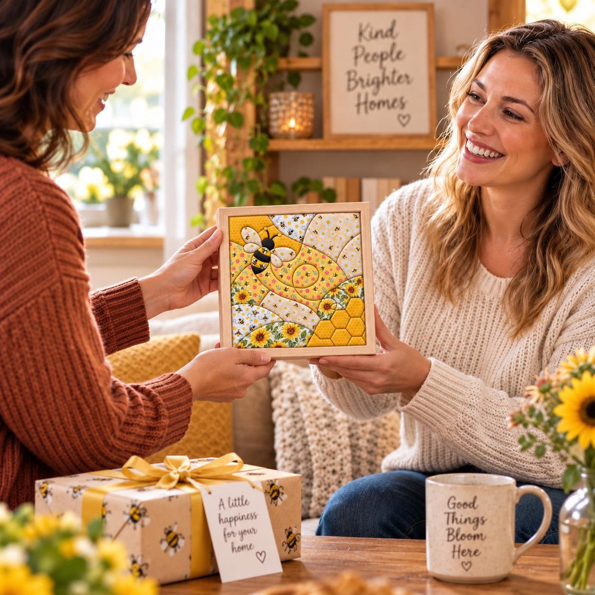 May include: A square quilted wall hanging in a light wooden frame featuring a yellow and white bee, sunflower patterns, and a honeycomb design. The piece is held by two people, with a gift box and a mug labeled Good Things Bloom Here.
