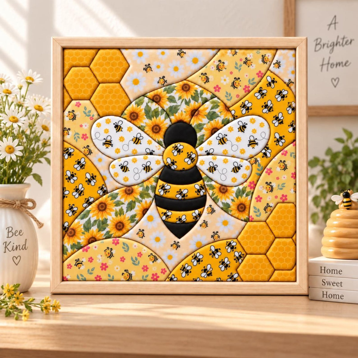 May include: A square wooden-framed wall art piece featuring a central bee motif surrounded by sunflowers, daisies, and honeycomb patterns. The design uses a yellow, black, and white color palette with repeating bee illustrations throughout the segments.