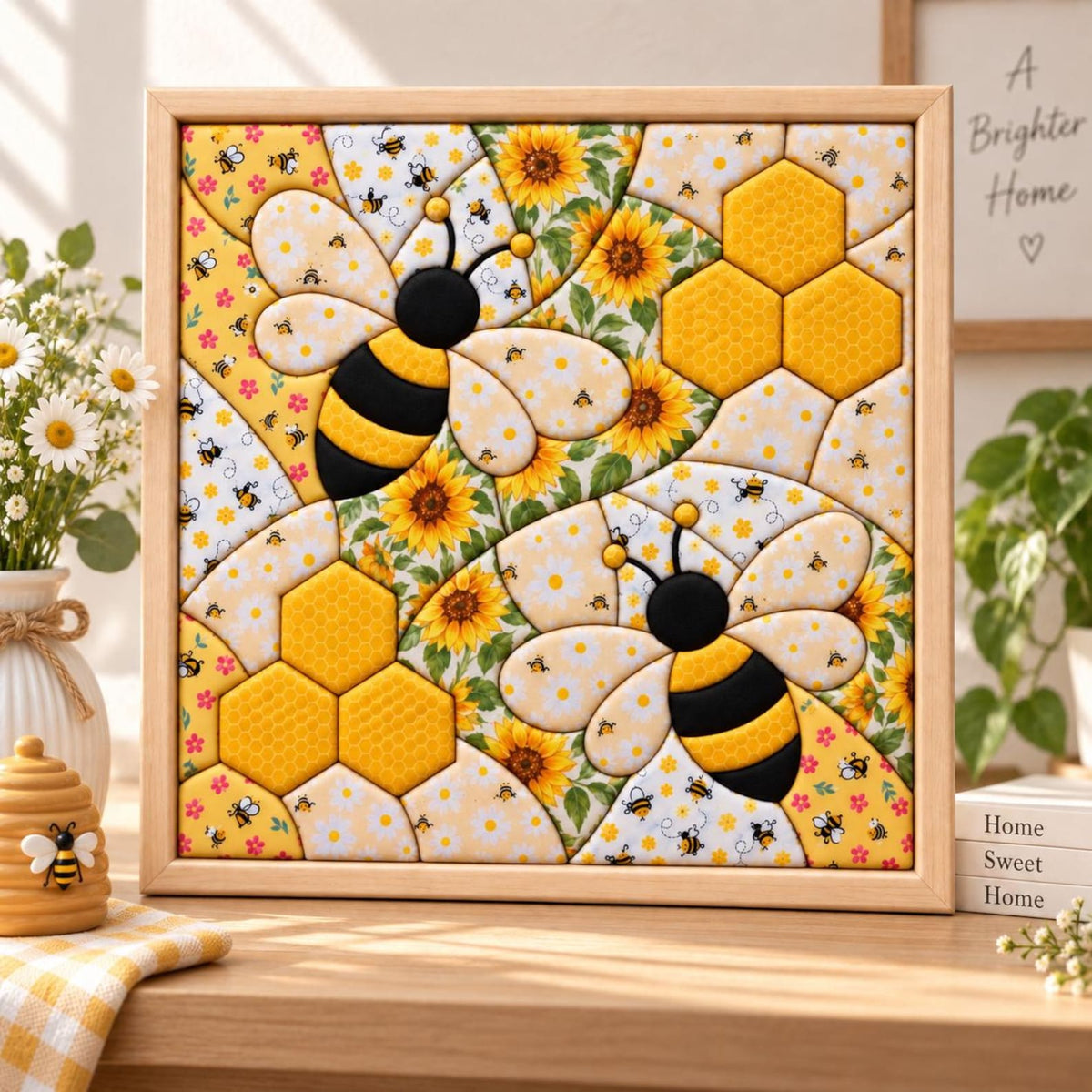 May include: A square wooden framed wall art piece featuring a quilted-style pattern of two bees, yellow sunflowers, and golden honeycomb shapes. The design includes small bee illustrations on a light yellow background with white daisies.