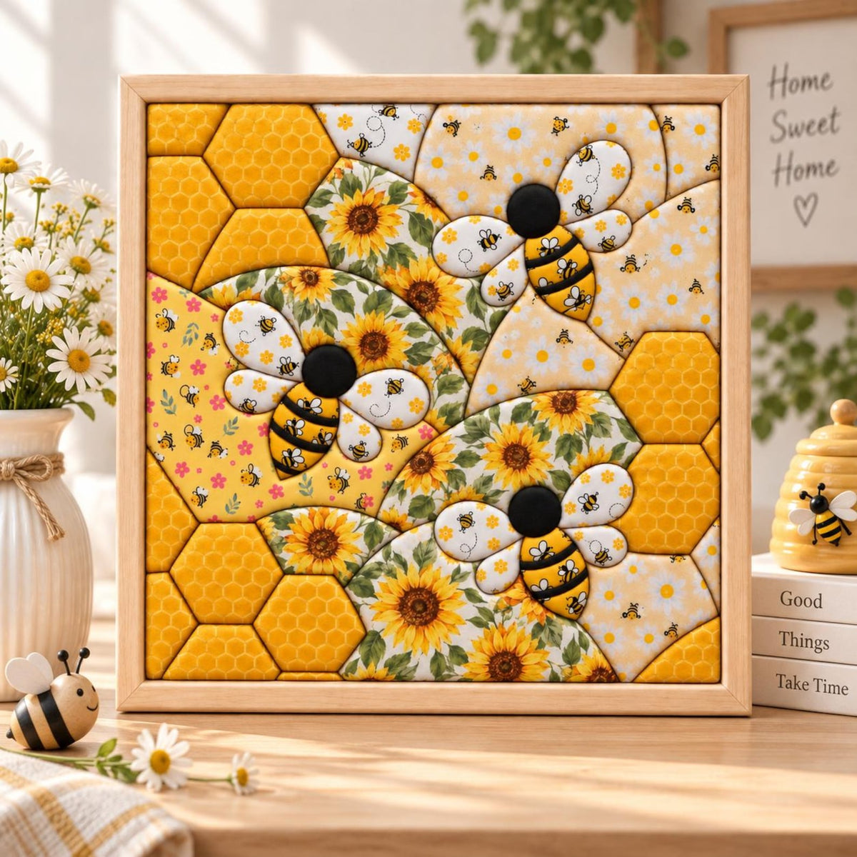 May include: A square wooden-framed wall art piece featuring a puzzle-like mosaic of fabric segments. The design displays yellow sunflowers, white daisies, and honeycombs, interspersed with three dimensional bee figures with black and yellow stripes.