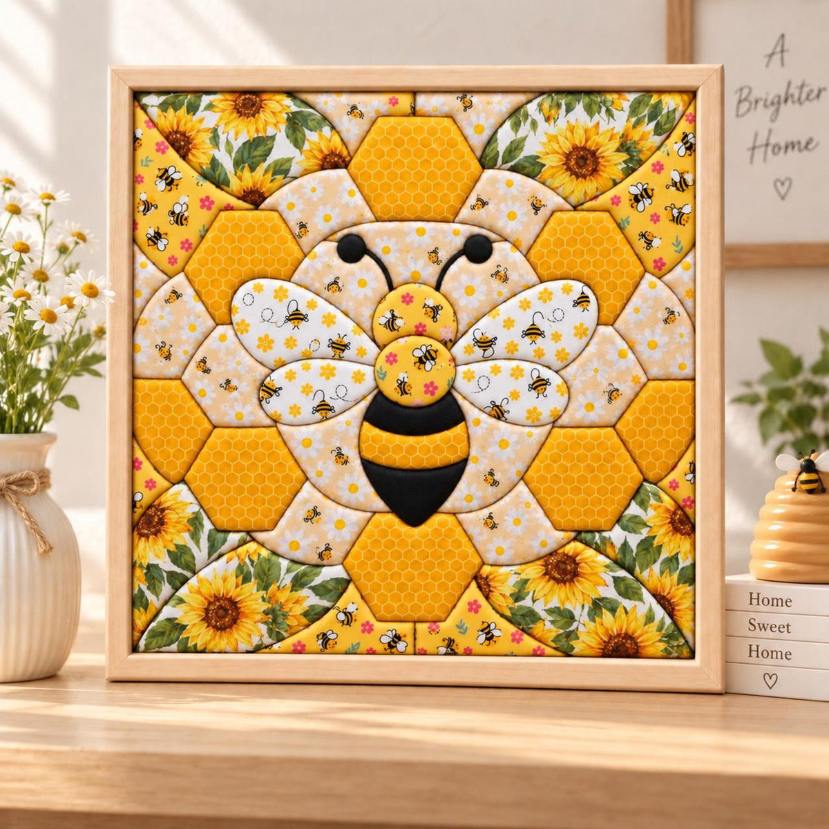 May include: A square framed wall art piece featuring a quilted-style mosaic of a bee surrounded by sunflowers and honeycomb patterns. The central bee has black and yellow stripes, while the background displays yellow hexagons and floral motifs.