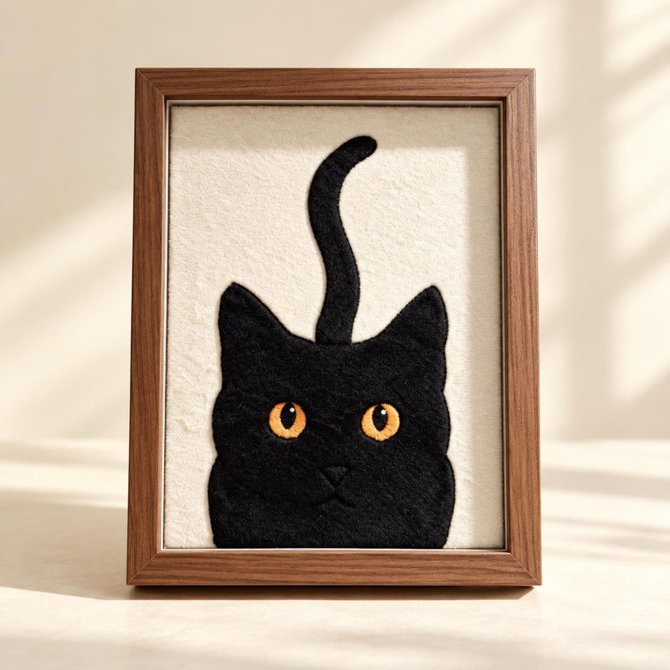 May include: A framed wall art piece featuring a black cat silhouette with bright orange eyes and a long, upright tail. The cat is rendered in a textured black material against a cream-colored background, enclosed in a simple brown wooden frame.