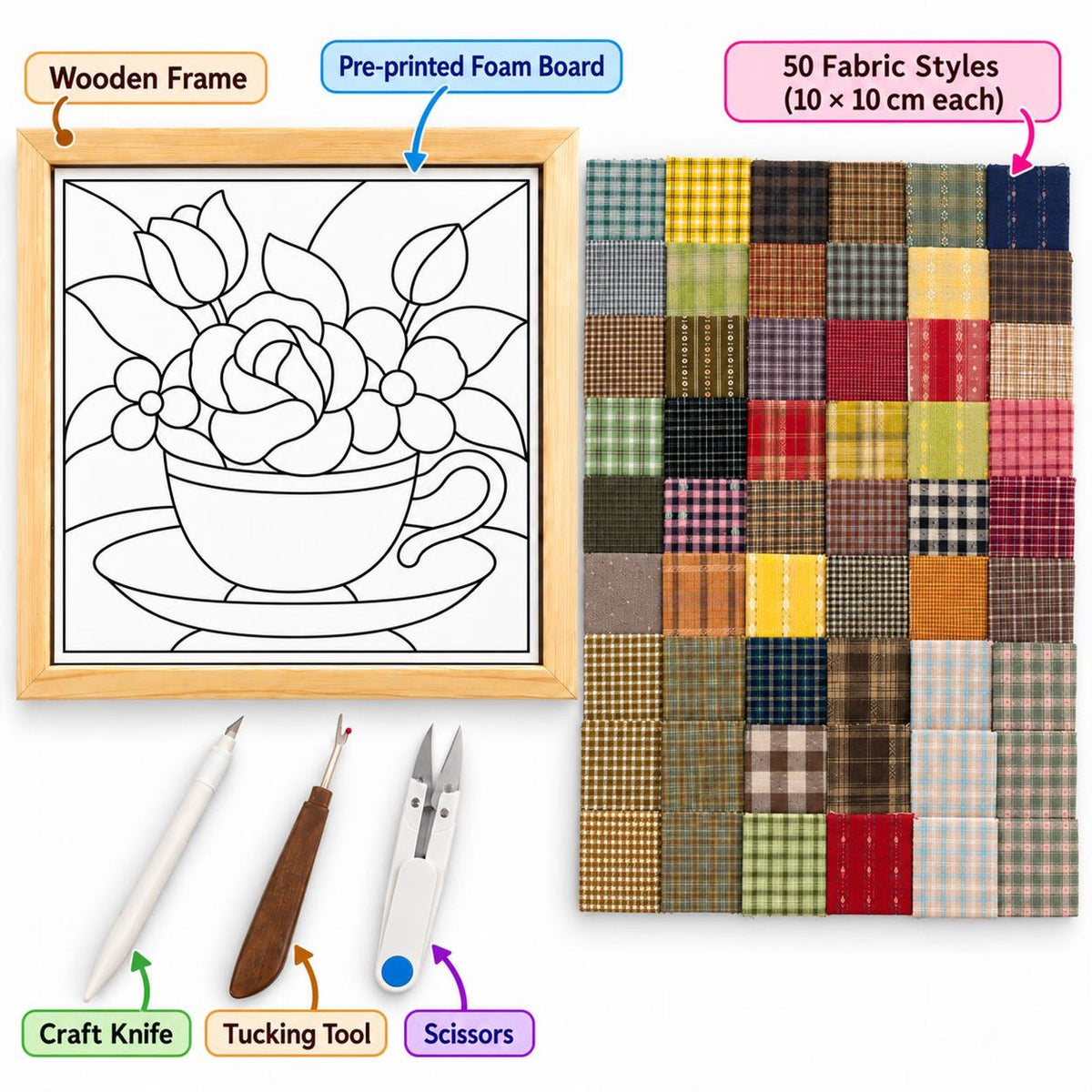 May include: A craft kit featuring a wooden frame, a pre-printed foam board with a floral teacup line art design, 50 fabric squares measuring 10 x 10 cm each, a craft knife, a wooden-handled tucking tool, and a pair of white scissors.