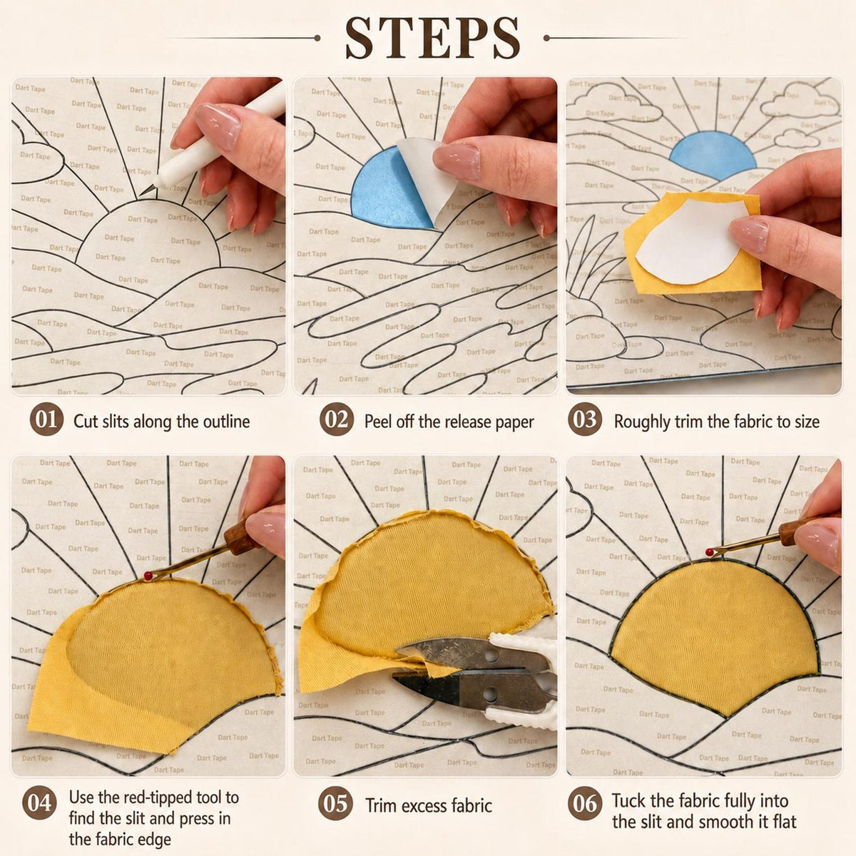 May include: A six-step instructional guide for a fabric craft project. The steps show cutting slits along an outline, peeling release paper, trimming fabric, using a red-tipped tool to press fabric edges, and tucking fabric into slits.