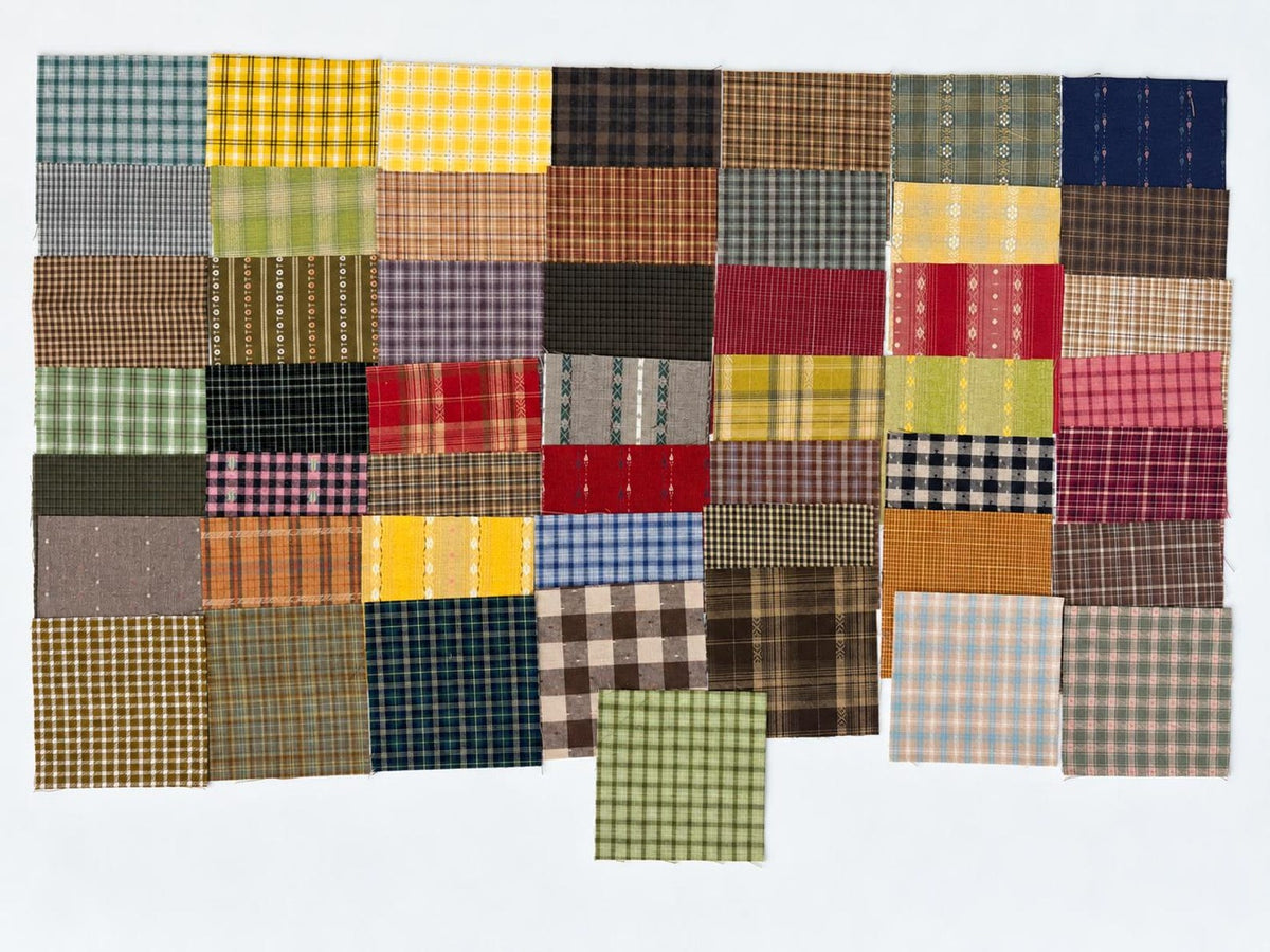 May include: A collection of rectangular fabric swatches arranged in a grid, featuring a variety of plaid, checkered, and striped patterns in colors including yellow, red, blue, green, brown, black, and gray on a white background.
