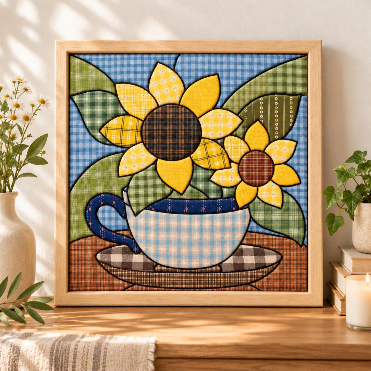 May include: A square framed wall art piece featuring a fabric-style collage of two yellow sunflowers in a light blue checkered teacup on a saucer. The background consists of blue and green plaid patterns, all enclosed in a light wood frame.