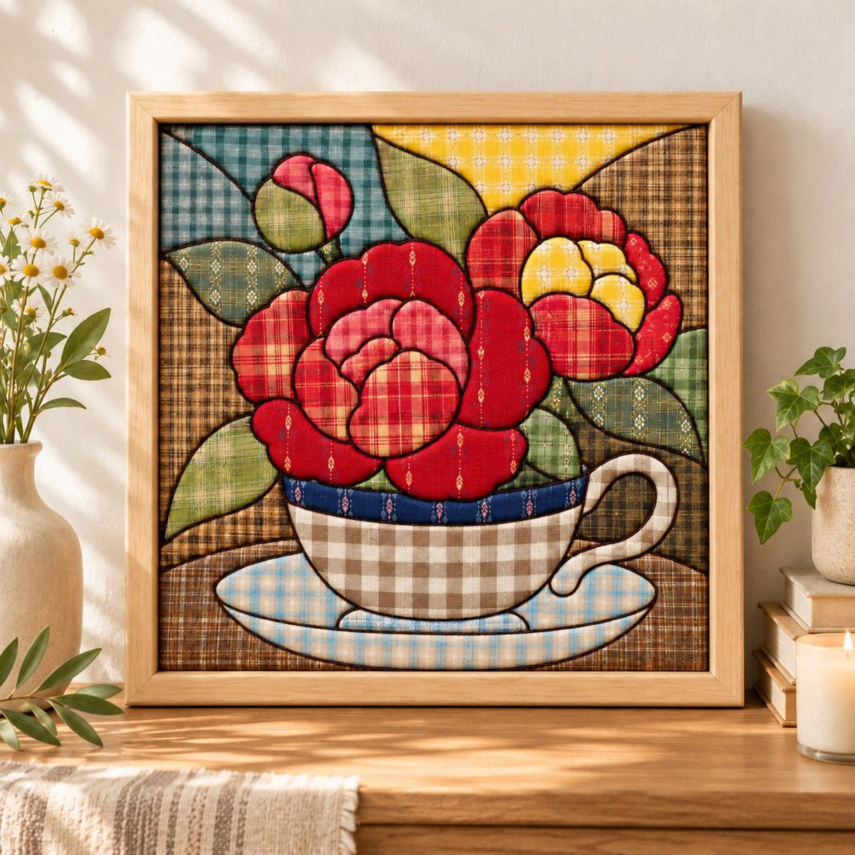 May include: A square framed textile art piece featuring a patchwork-style illustration of red and yellow flowers in a beige and white checkered teacup on a saucer, set against a background of various plaid and patterned fabric textures.