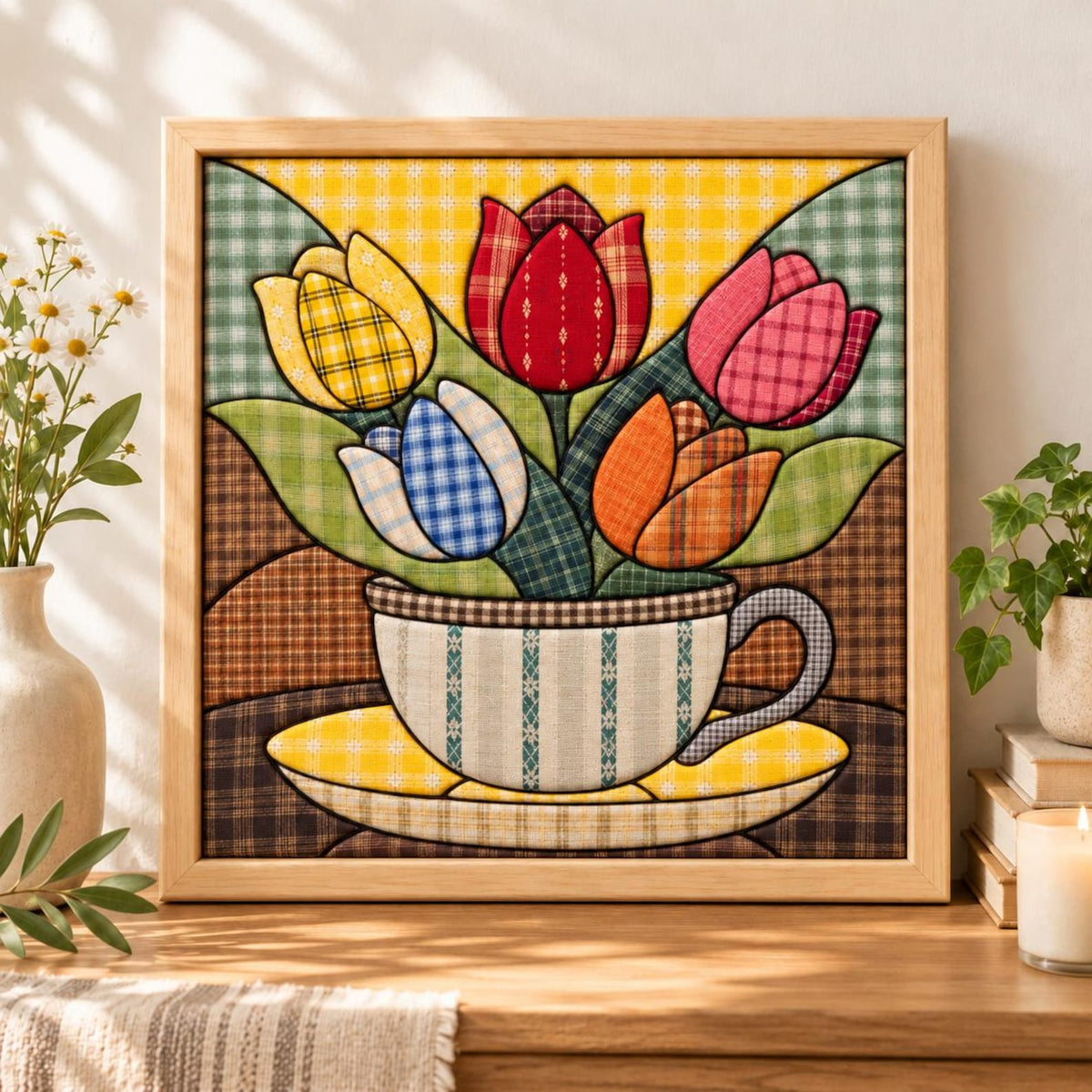 May include: A square framed wall art piece featuring a fabric-style quilt pattern of a teacup filled with five colorful tulips. The tulips are red, yellow, pink, orange, and blue with plaid and checkered textures. The teacup is white with blue stripes.