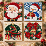 May include: Four square decorative tiles featuring holiday illustrations: a smiling Santa Claus, a snowman holding a gift, a decorated Christmas tree with presents, and a festive wreath with poinsettias, bells, and ornaments in a mosaic style.