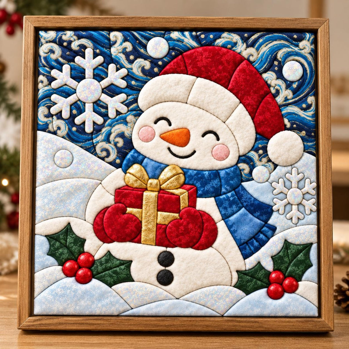 May include: A square framed fabric wall art piece featuring a quilted snowman wearing a red hat and blue scarf, holding a red gift with a gold ribbon. The background shows blue swirling patterns, white snowflakes, and green holly with red berries.