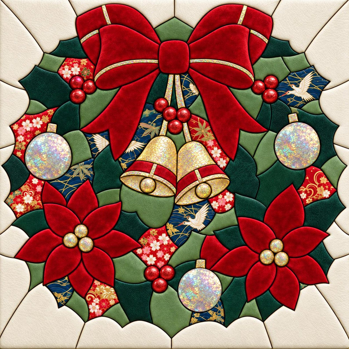 May include: A square decorative wall hanging featuring a circular Christmas wreath design. The wreath is composed of dark green holly leaves, red poinsettia flowers, red berries, two gold bells, a large red bow, and iridescent ornaments.