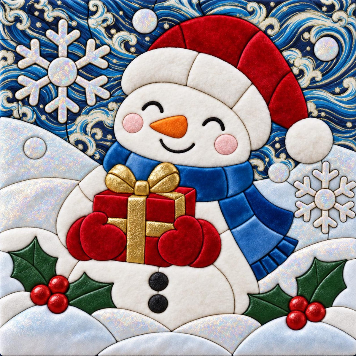 May include: A square decorative panel featuring a white snowman wearing a red hat and blue scarf, holding a red gift with a gold ribbon. The background shows blue swirling patterns, white snowflakes, and holly berries in the bottom corners.