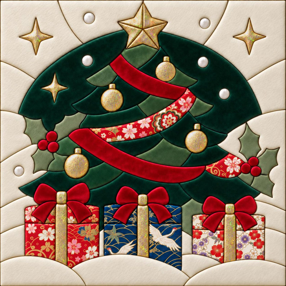 May include: A square decorative panel featuring a stylized Christmas tree with dark green segments, gold ornaments, and a gold star topper. Red ribbons with floral patterns wrap around the tree. Three gift boxes with red bows sit below.