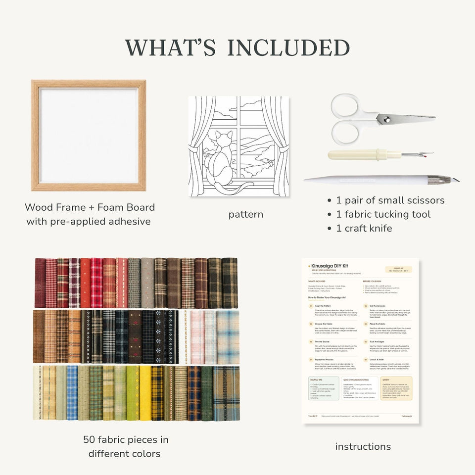 May include: A Kinusaiga DIY kit including a wood frame with adhesive foam board, a cat-themed pattern, small scissors, a fabric tucking tool, a craft knife, 50 assorted fabric pieces in various colors and patterns, and an instruction sheet.