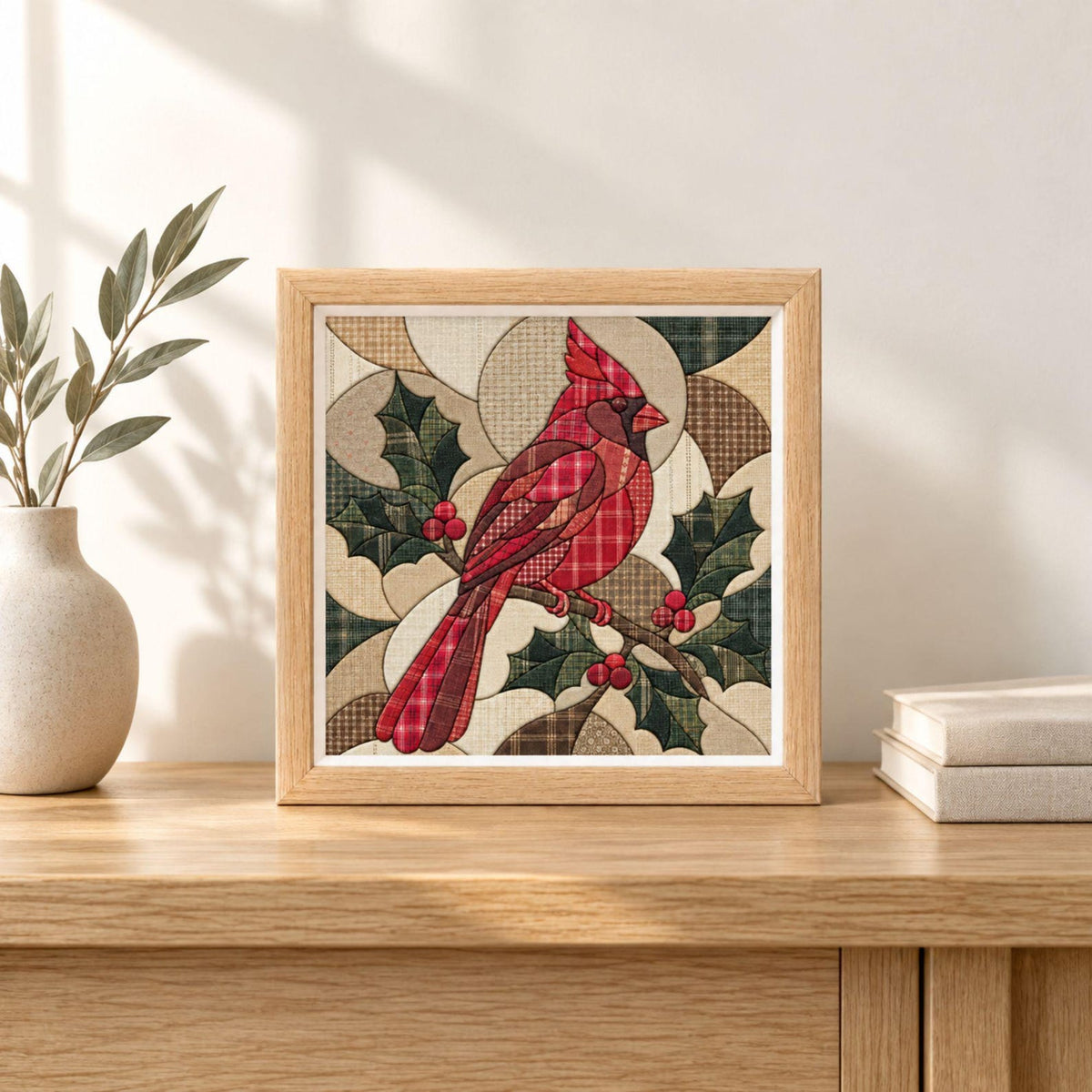May include: A square framed wall art piece featuring a red cardinal bird perched on a branch with green holly leaves and red berries. The design uses a patchwork style with various plaid and solid fabric textures in shades of red, green, and tan.