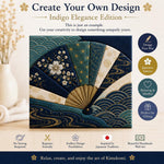 May include: A square Kimekomi craft kit featuring a fan design with indigo, teal, and cream fabric panels. The fan displays cherry blossoms, wave patterns, and gold geometric motifs. Text includes Create Your Own Design, Indigo Elegance Edition, and Relax, create, and enjoy the art of Kimekomi.