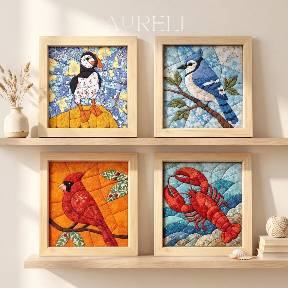 Kinusaiga Art Kit | Animal No Sew Art Quilt | Art DIY Kits for Adults | Beginner Friendly | Lobster, Puffin, Bird Craft Kit | Textured Wall