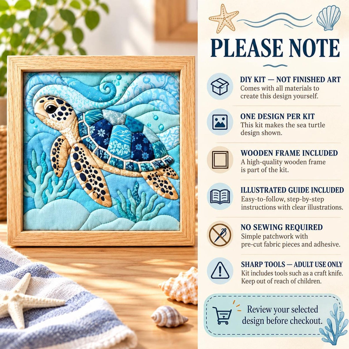 May include: A DIY sea turtle fabric art kit in a wooden frame. The kit includes pre-cut fabric pieces for a patchwork design, an illustrated guide, and tools. Text reads: PLEASE NOTE, DIY KIT - NOT FINISHED ART, ONE DESIGN PER KIT, WOODEN FRAME INCLUDED, ILLUSTRATED GUIDE INCLUDED, NO SEWING REQUIRED, SHARP TOOLS - ADULT USE ONLY, Review your selected design before checkout.