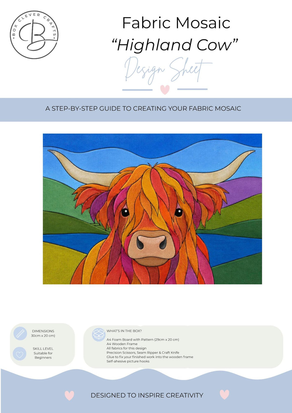 May include: A fabric mosaic design sheet titled Highland Cow featuring a colorful illustration of a cow with long horns against a blue sky and green hills. The sheet includes text, a list of contents, and dimensions of 30cm x 20cm for the project.