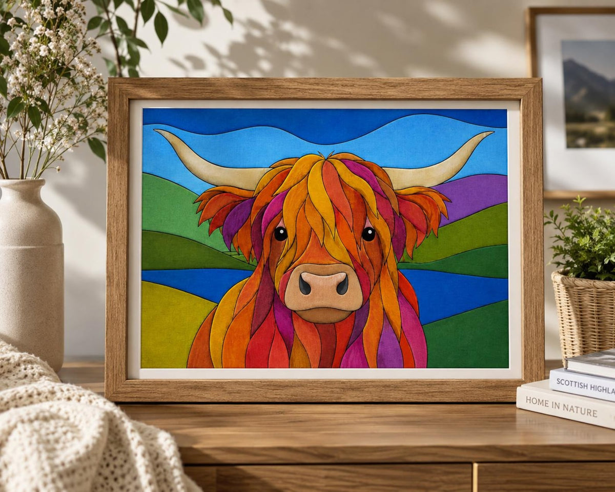 May include: A framed art print featuring a vibrant, multi-colored Highland cow with long, curved horns. The cow is rendered in a stained-glass style with bold outlines, set against a background of rolling green hills and a bright blue sky.
