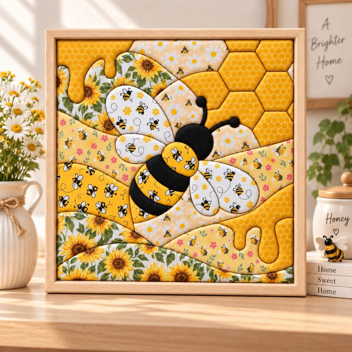 May include: A square framed wall art piece featuring a central black and yellow bee surrounded by a patchwork design of sunflowers, small bees, and yellow honeycomb patterns. The artwork uses a vibrant color palette of yellow, white, and black.