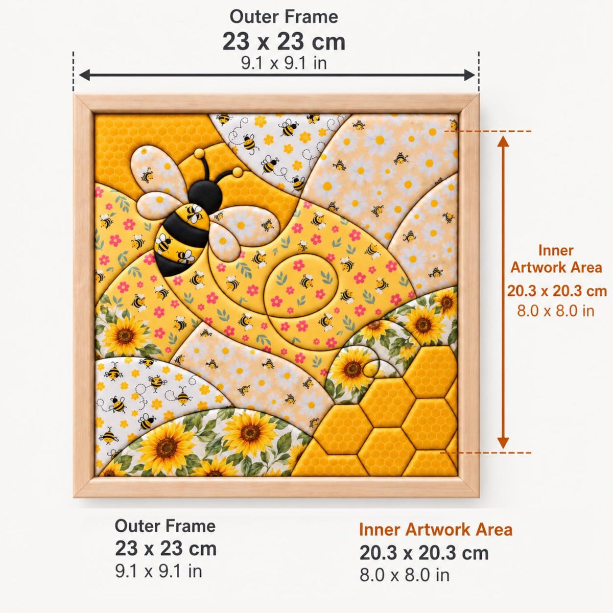 May include: A square framed wall art piece featuring a bee and sunflower motif with honeycomb patterns. The outer frame measures 9.1 x 9.1 inches, and the inner artwork area measures 8.0 x 8.0 inches. The design includes yellow, white, and black colors.