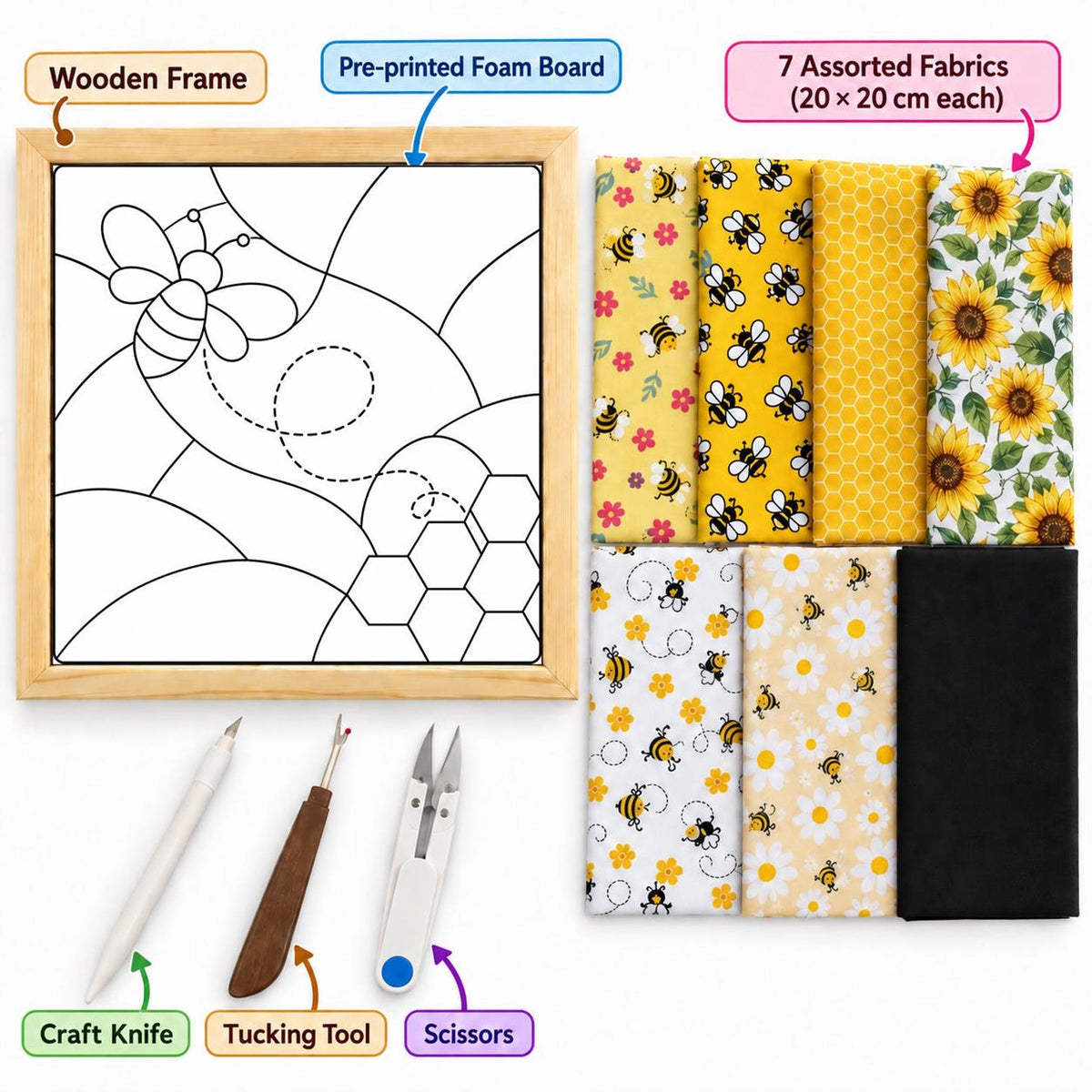 May include: A craft kit featuring a wooden frame with a pre-printed foam board showing a bee and honeycomb design, seven 20 x 20 cm assorted fabrics with bee and sunflower patterns, a craft knife, a tucking tool, and a pair of scissors.