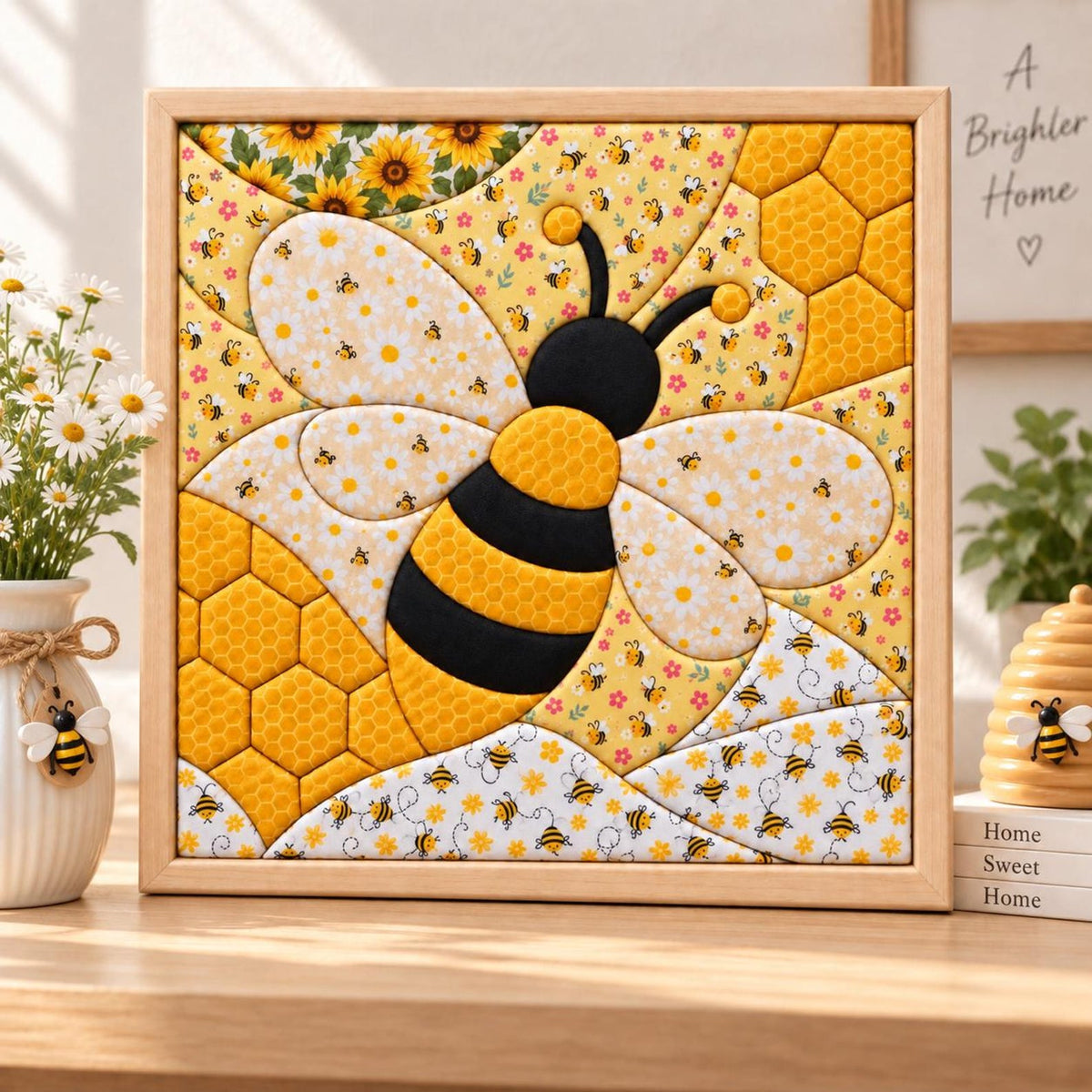 May include: A square wall art piece featuring a central bee motif with black and yellow stripes, surrounded by a patchwork design of sunflowers, daisies, and yellow honeycomb patterns. The artwork is encased in a light-colored wooden frame.