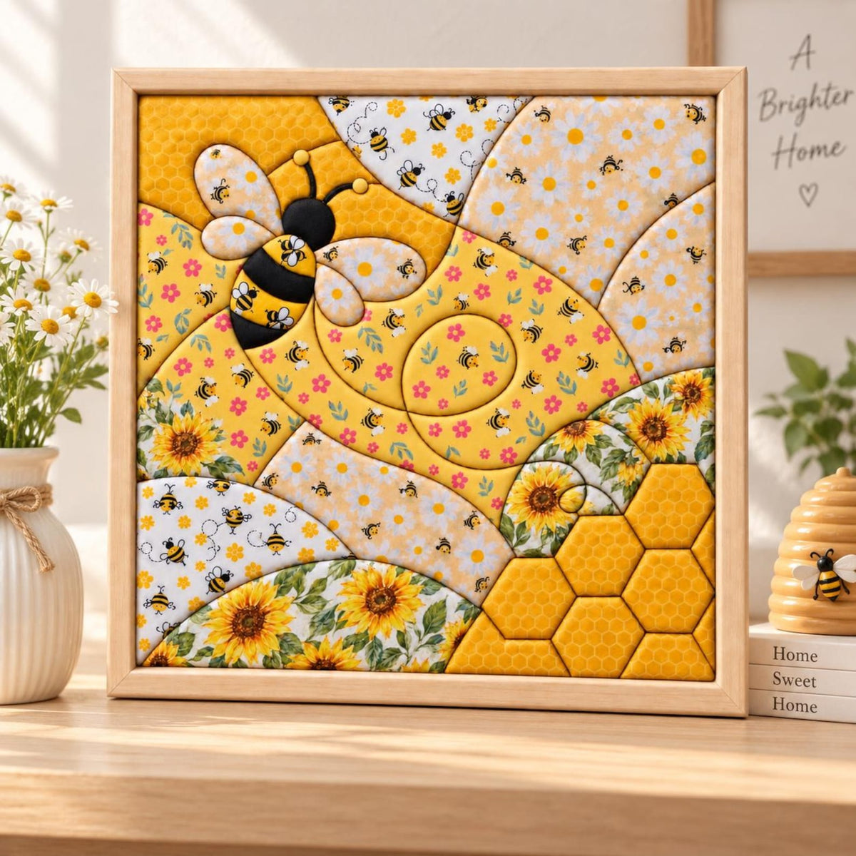 May include: A square wall art piece featuring a quilted-style patchwork design with yellow and white fabric patterns. The artwork displays a large central bee, sunflowers, small bees, and a honeycomb pattern, all framed in light-colored wood.