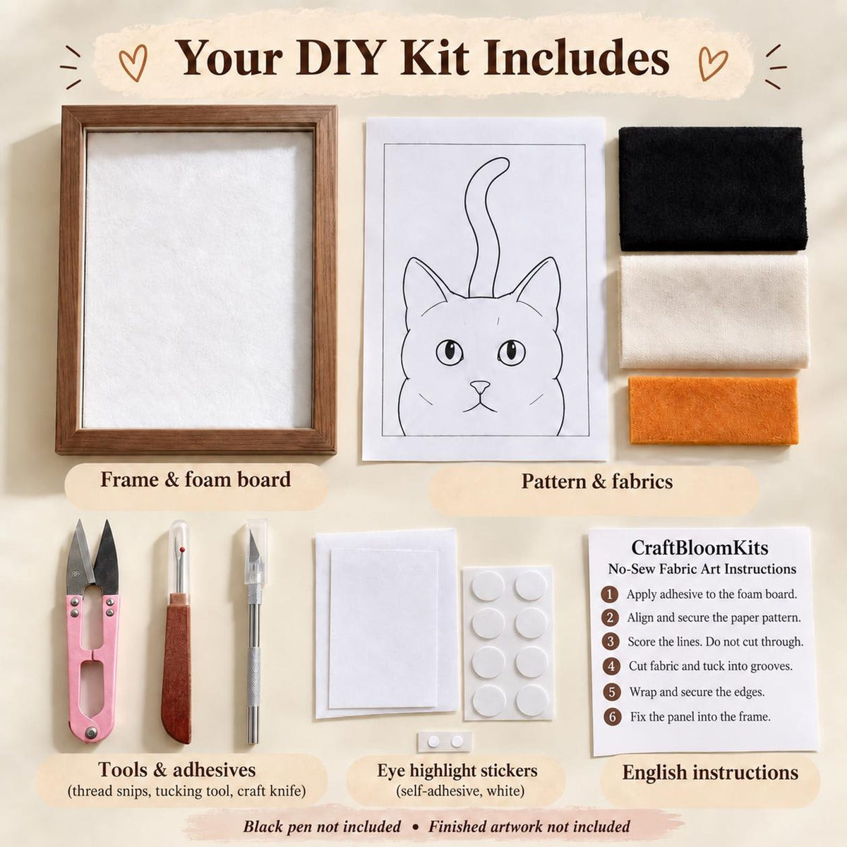 May include: A DIY craft kit including a wooden frame, foam board, a cat line art pattern, black, white, and orange fabric pieces, pink thread snips, a wooden-handled tucking tool, a craft knife, white eye stickers, and printed English instructions.