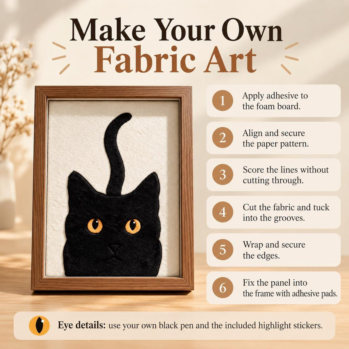 May include: A framed fabric art project featuring a black cat silhouette with orange eyes on a white background. The image includes text instructions: Make Your Own Fabric Art, six numbered steps for assembly, and eye details using a pen and stickers.