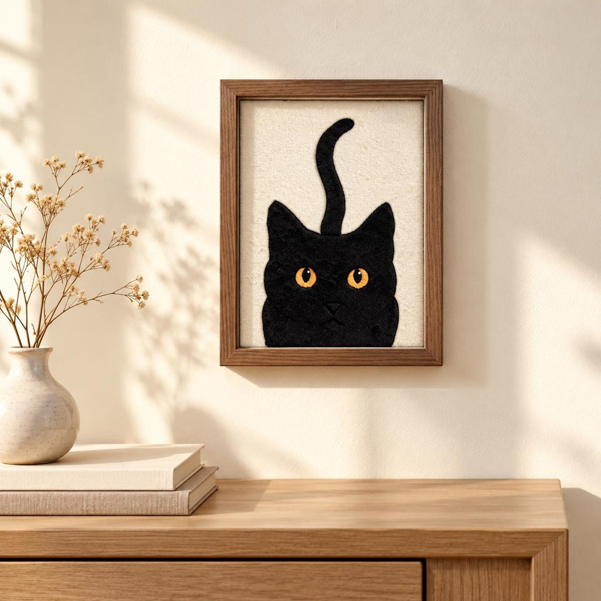 May include: A framed textile art piece featuring a black cat silhouette with bright orange eyes and a long, curved tail, centered on a cream-colored fabric background within a simple brown wooden frame, displaying a clean and focused composition.