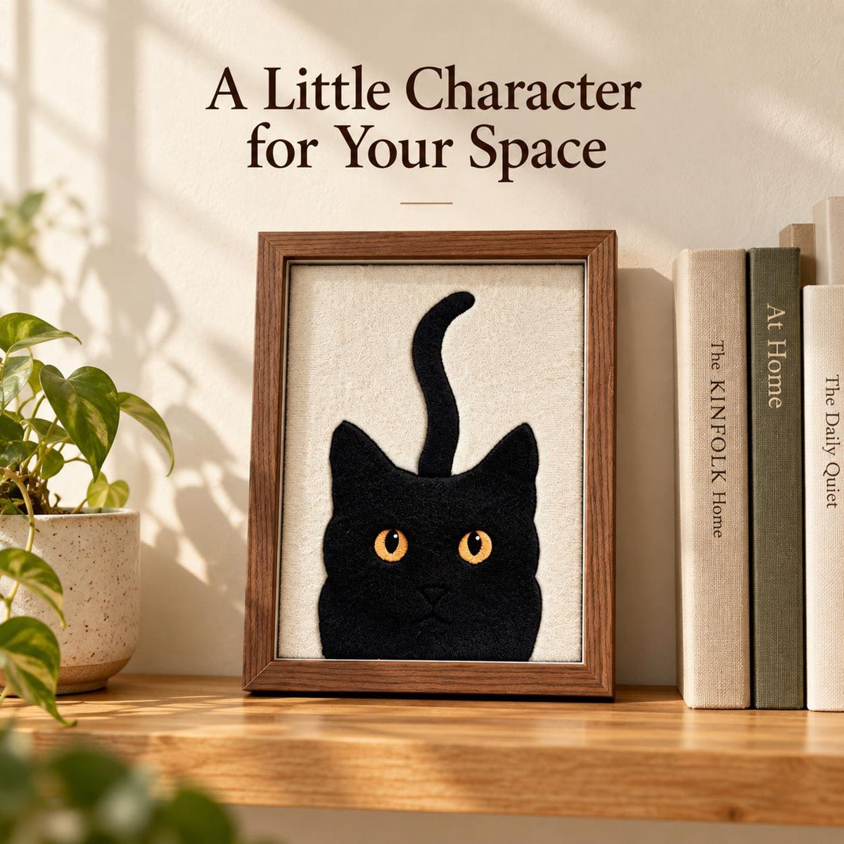 May include: A framed wall art piece featuring a black cat silhouette with bright orange eyes and an upright tail, set against a cream-colored fabric background. The text A Little Character for Your Space is printed above the wooden frame.