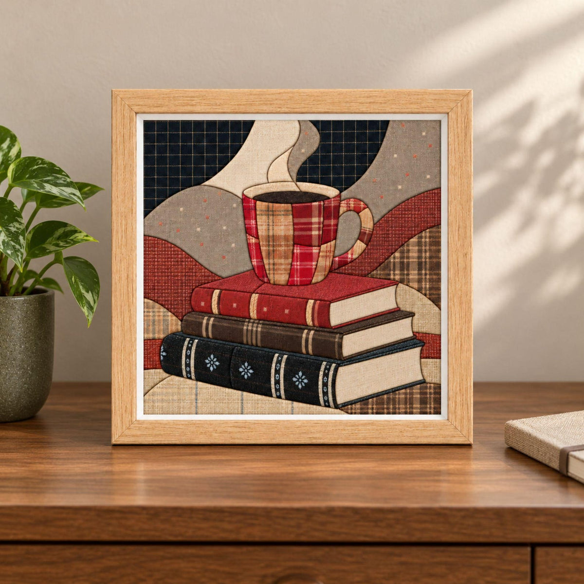 May include: A square framed wall art piece featuring a fabric-style illustration of a red plaid mug resting on a stack of three books. The background consists of abstract wavy shapes in shades of brown, tan, and dark blue with a grid pattern.