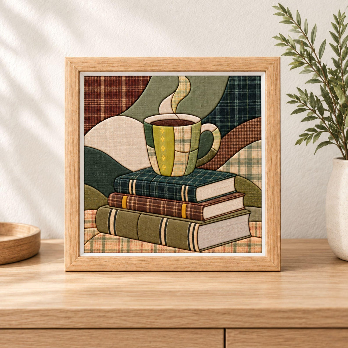 May include: A square framed wall art piece featuring a patchwork-style illustration of a steaming mug of coffee resting on a stack of three books. The design uses various plaid and solid fabric textures in shades of green, brown, and cream.