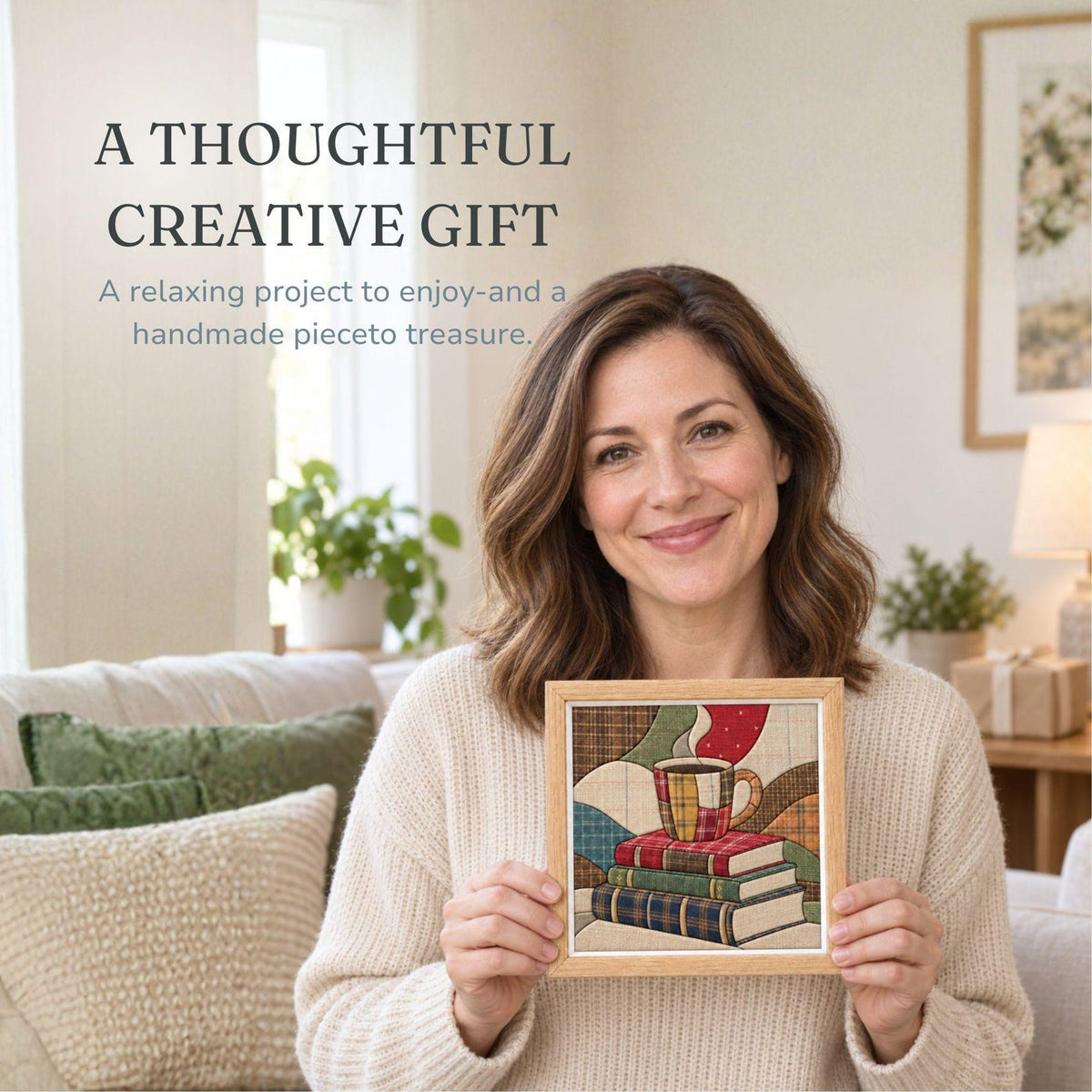 May include: A square framed needlepoint art piece featuring a patchwork-style mug of steaming coffee resting on a stack of three books. The artwork uses various plaid and solid fabric patterns in red, green, blue, and brown tones within a light wood frame.