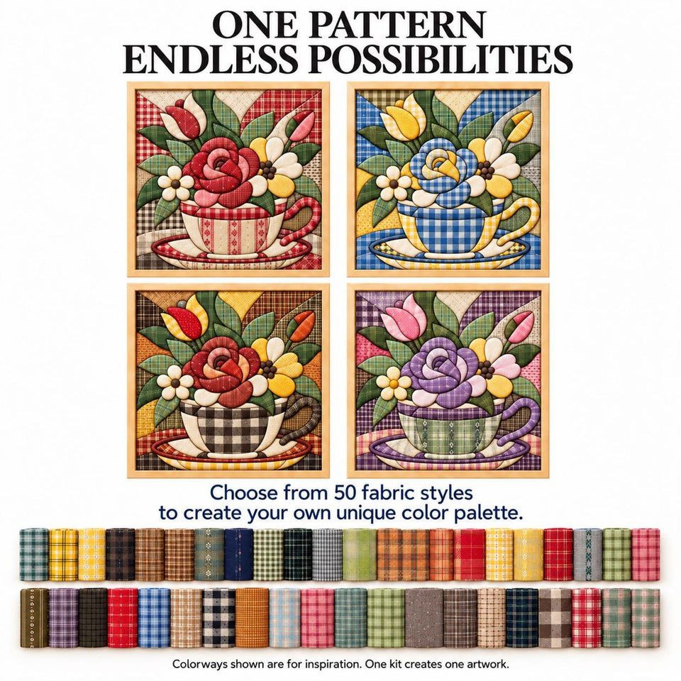 May include: Four square fabric art pieces featuring floral arrangements in teacups with varied plaid and checkered patterns. Text reads: ONE PATTERN ENDLESS POSSIBILITIES. Choose from 50 fabric styles to create your own unique color palette.