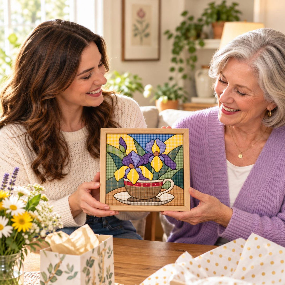 May include: A square framed art piece featuring a stained glass style illustration of purple and yellow iris flowers in a brown teacup. The background consists of a blue and white checkered pattern with green leaves, all enclosed in a light wood frame.