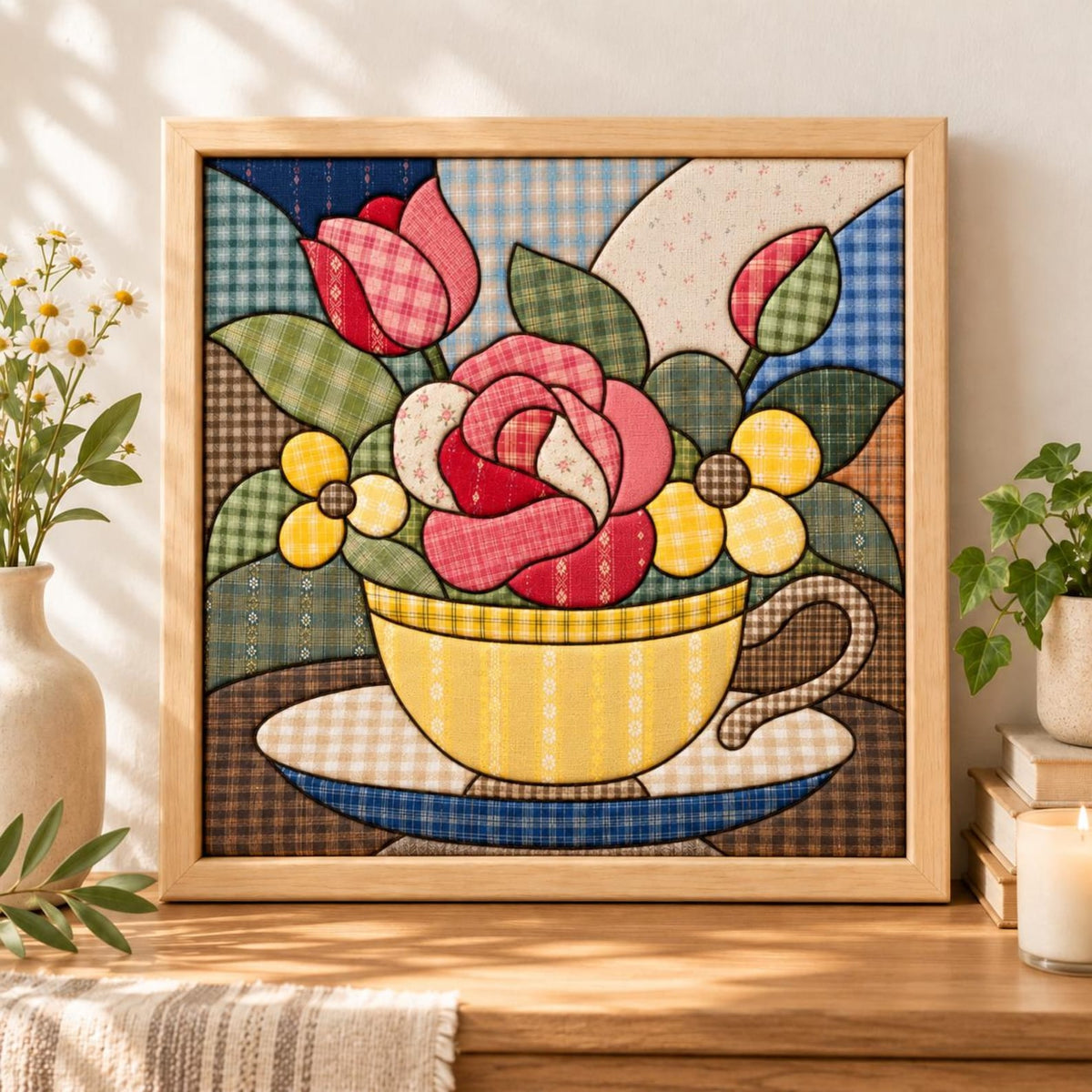 May include: A framed fabric art piece featuring a patchwork design of a yellow teacup filled with red, pink, and yellow flowers. The composition uses various plaid and patterned fabric textures in blue, green, and brown tones, all enclosed within a light-colored wooden frame.