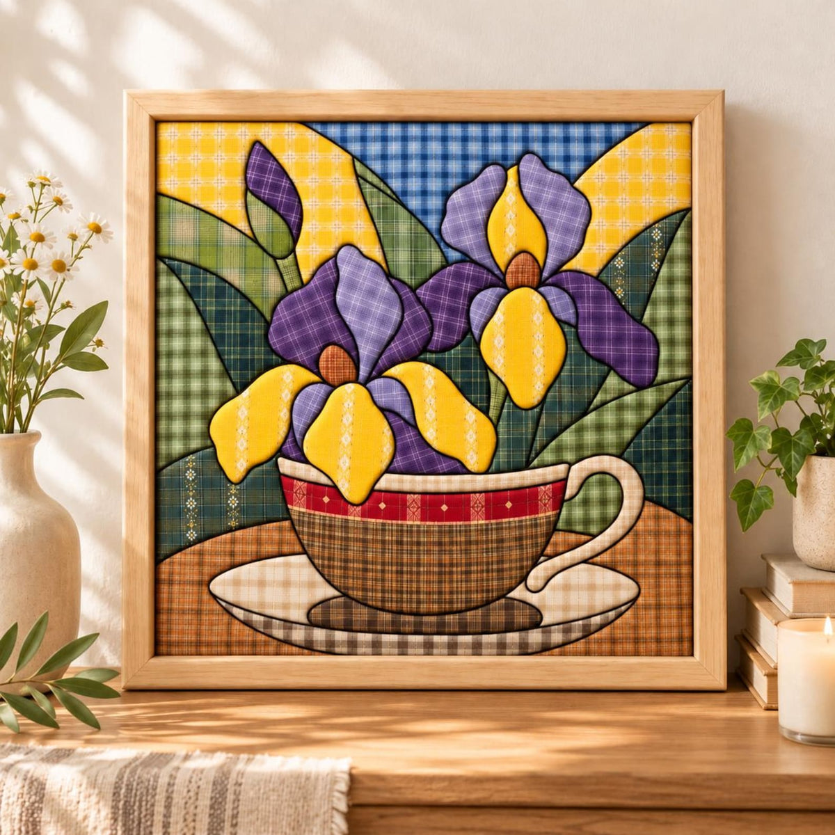 May include: A square framed wall art piece featuring a quilt-style illustration of purple and yellow iris flowers emerging from a brown plaid teacup and saucer. The background consists of a patchwork of blue, yellow, and green plaid patterns.