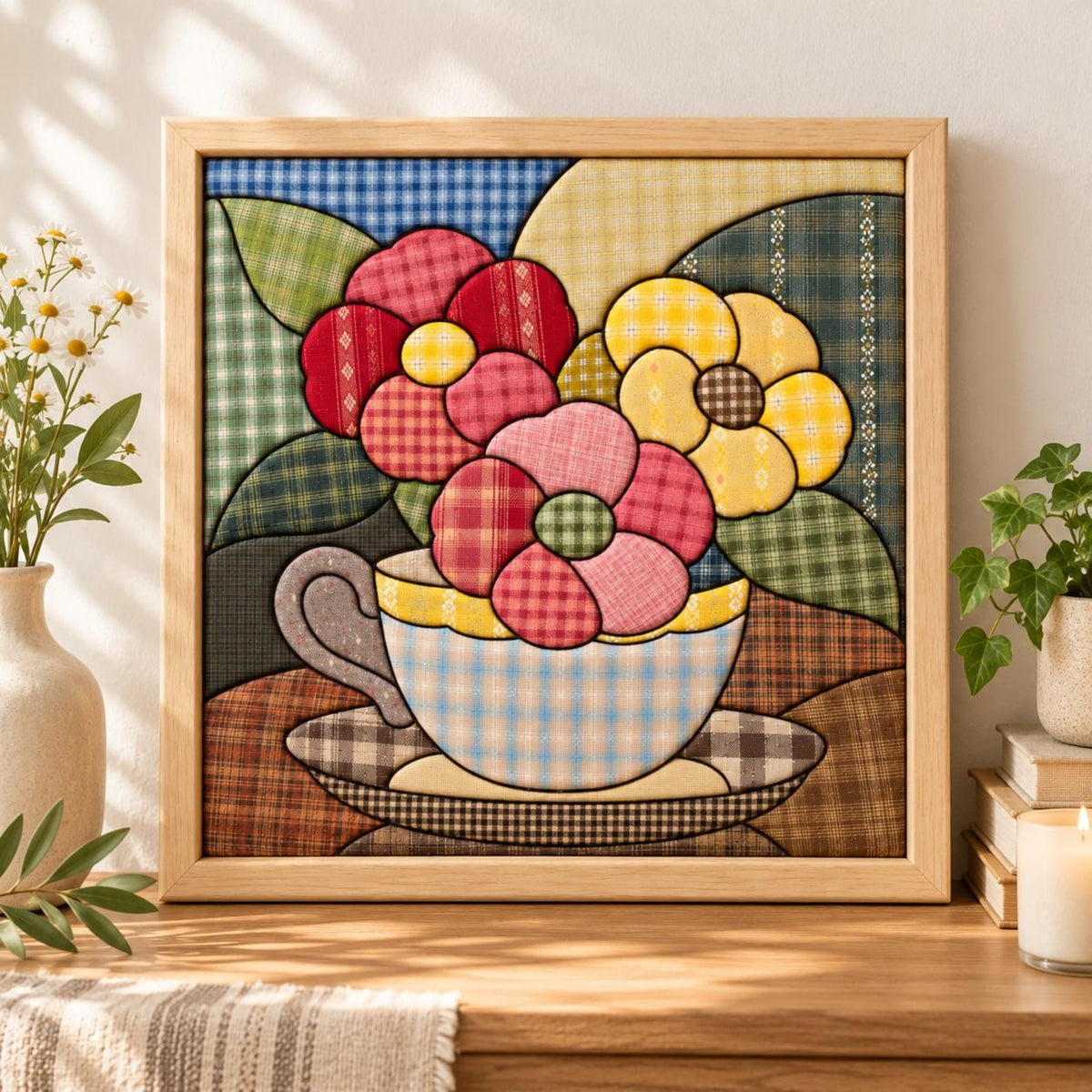 May include: A square framed fabric wall art piece featuring a patchwork design of a teacup filled with red, pink, and yellow flowers. The composition uses various plaid and checkered fabric patterns in shades of blue, green, and brown.
