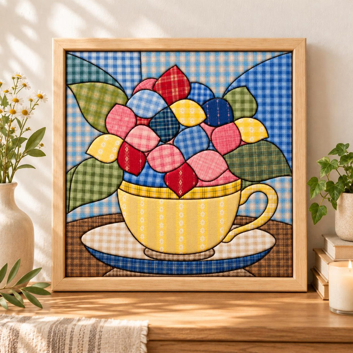 May include: A framed square wall art piece featuring a patchwork-style illustration of a yellow teacup filled with colorful fabric-patterned flowers. The design uses blue, red, yellow, and green plaid and gingham textures set against a blue checkered background.