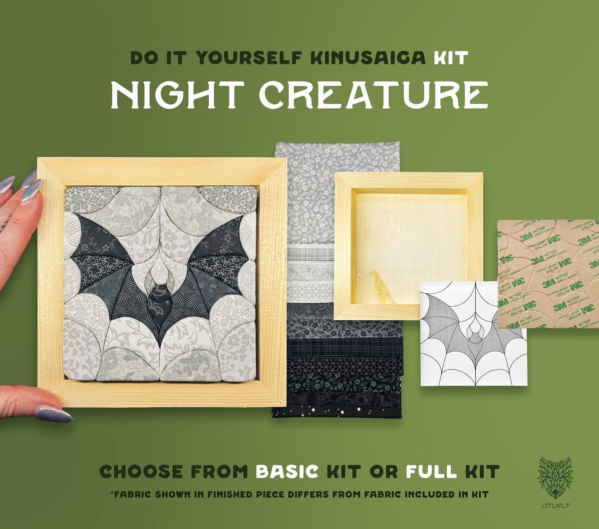 May include: A DIY Kinusaiga kit titled Night Creature featuring a square wooden frame, a finished bat-themed fabric mosaic, assorted grey and black fabric strips, a blank wooden frame, a bat pattern template, and a sheet of 3M adhesive.