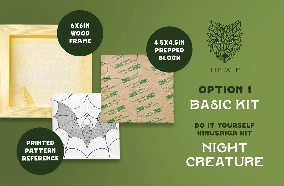 May include: A DIY Kinusaiga kit titled Night Creature, featuring a 6x6 inch wood frame, a 4.5x4.5 inch prepped block with 3M adhesive backing, and a printed pattern reference showing a bat graphic. The kit includes components for crafting.