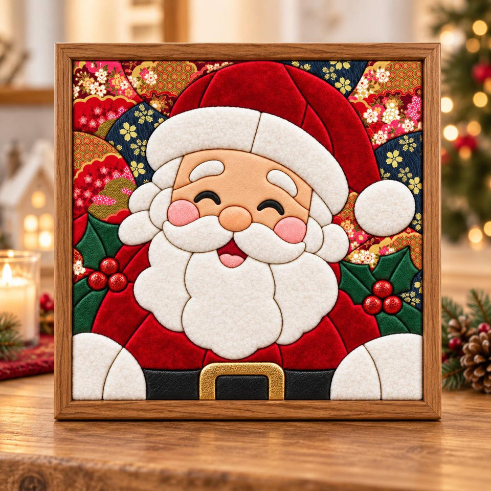 May include: A square framed wall art piece featuring a stylized Santa Claus with a white beard, red hat, and black belt. The background displays a colorful pattern of red, blue, and gold floral motifs, accented by green holly leaves and red berries.