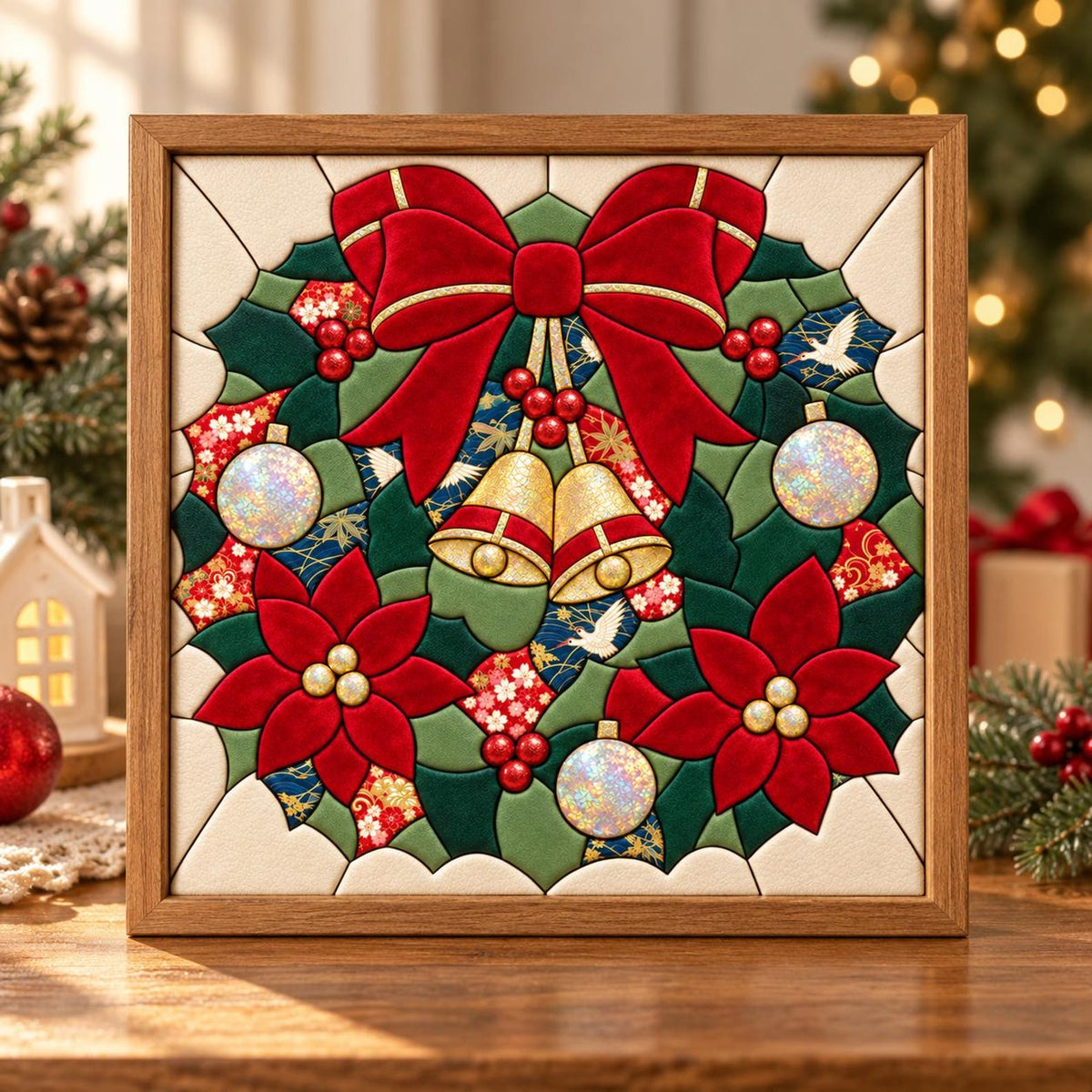 May include: A square framed wall art piece featuring a segmented, stained-glass style Christmas wreath. The design includes a large red bow, two gold bells, red poinsettias, holly berries, and iridescent ornaments against a green foliage background.