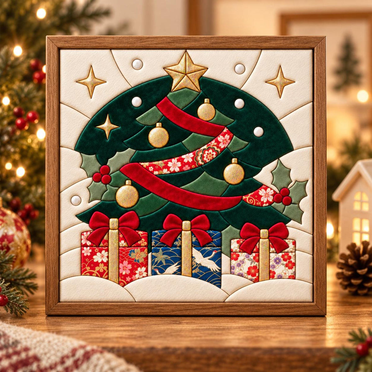 May include: A square framed wall art piece featuring a layered fabric-style illustration of a Christmas tree with gold ornaments, a star topper, and red ribbons. Three gift boxes with red bows sit at the base against a cream-colored background.