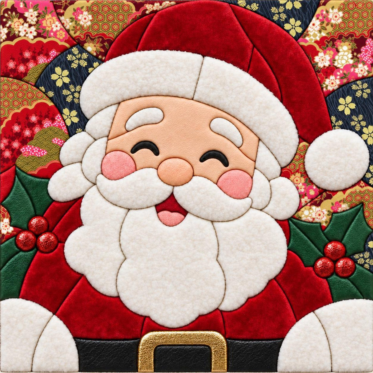 May include: A layered fabric art piece depicting Santa Claus with a white beard, mustache, and eyebrows, wearing a red hat and coat with a black belt and gold buckle. The background features a colorful floral pattern with green holly leaves.